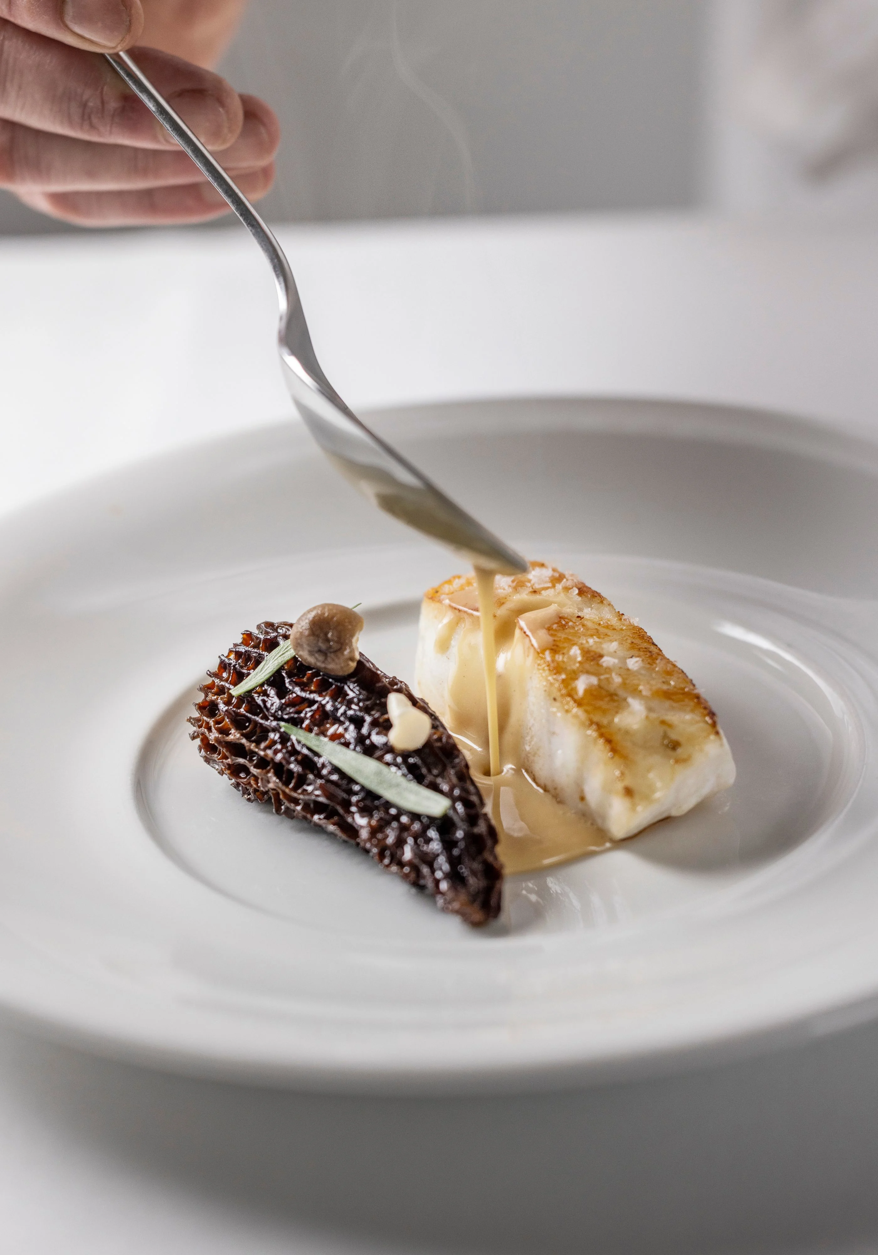 Restaurant-Havlit_Faaborg-Fjord_Gourmet fiskeret med svampe og souce anrettes.webp